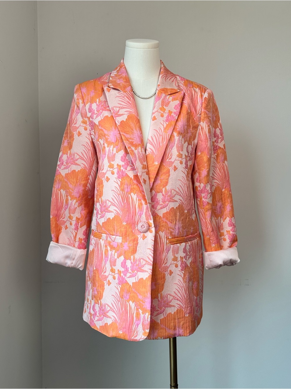 Endless Rose Pink & Orange Tropical Floral Print Jacquard Blazer NWT